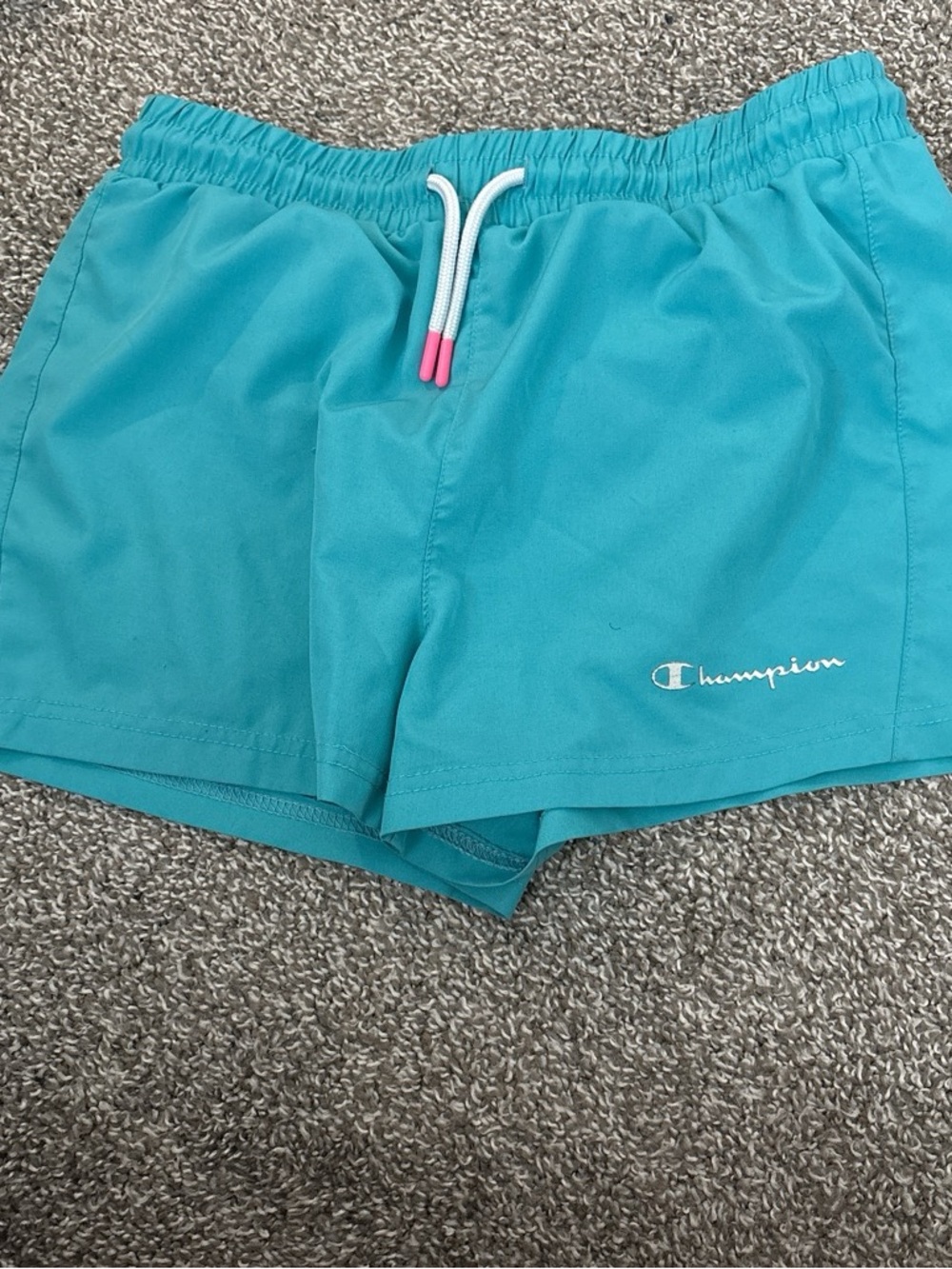 Champion Teal Blue Athletic Shorts with Pink-Tip Drawstring
